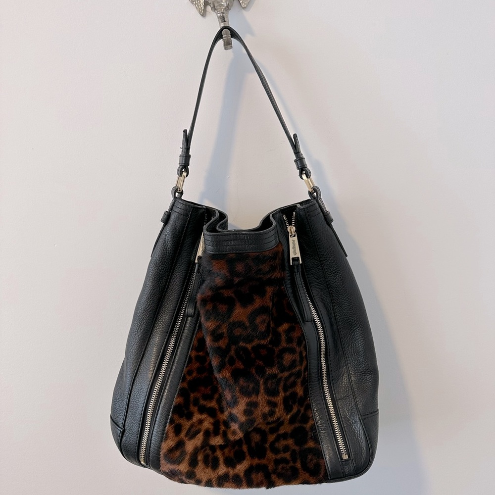 M&S Autograph Black Leather And Leopard Print Pony skin Hobo Style Bag